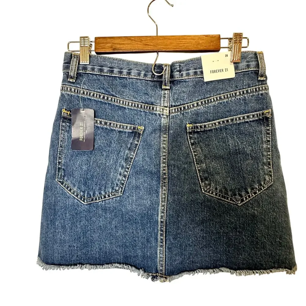 Forever 21 Denim Mini Skirt 26 Blue Button Front Raw‎ Hem Y2K Festival Indie